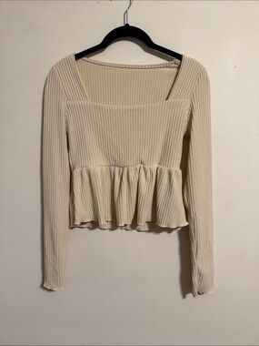 Ribbed Square-Neck Peplum Top in Cream